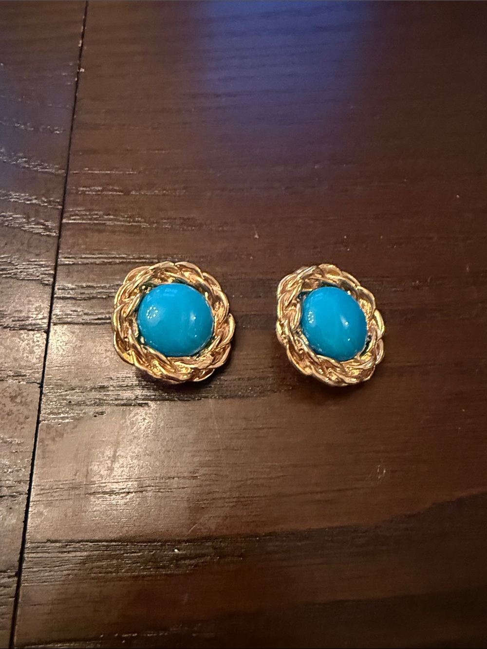 Vintage Aqua & Gold Chain Clip On Large Stud Earrings